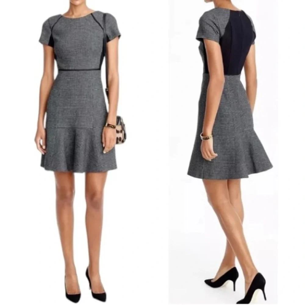 J.Crew Checkered Flutter Dress 00 Wool Tweed Heritage Checks Black Gray Workwear